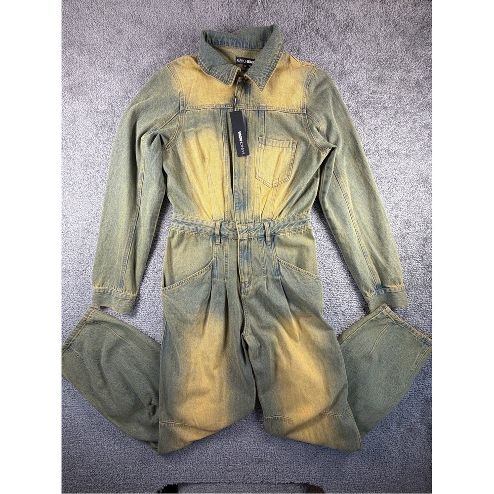 Fashion Nova Treat You Well Vintage Wash Denim Jumpsuit Green Yellow Medium NEW - Picture 2 of 10